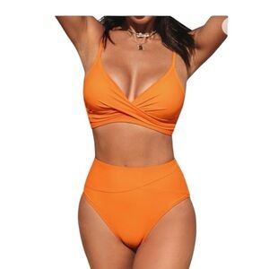 CUPSHE Twist High Waisted V Neck Spaghetti Straps Orange Bikini Swimsuit Size S